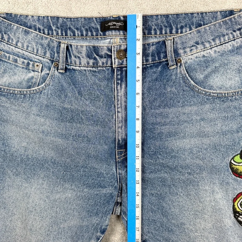 Ed Hardy Mens 40 Blue Denim Snake Panther Embroidered Raw Hem Jean Shorts Jorts
